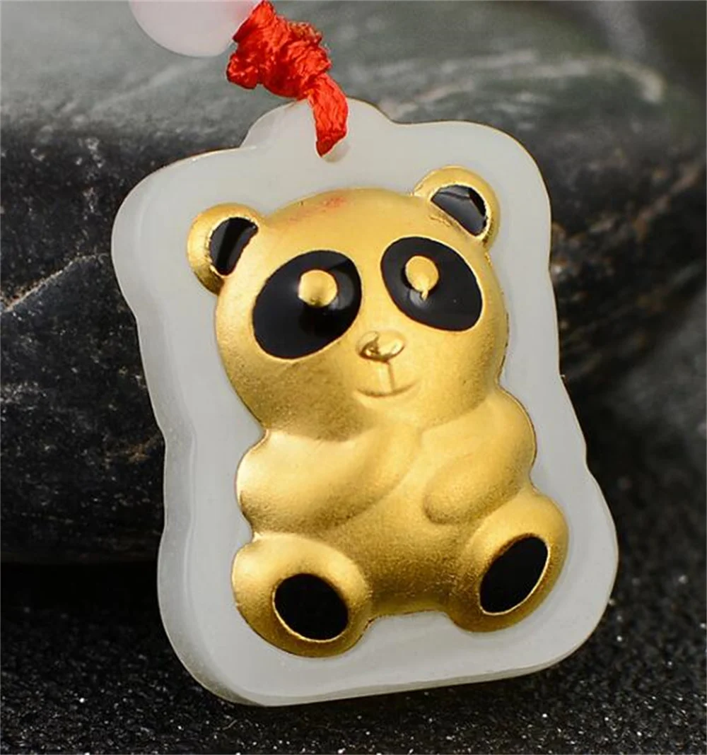 

Natural White Hetian Jade 18K Solid Gold Cute Baby Panda Design Lucky Dangle Pendant Free Necklace Luxury Fine Gift Jewelry