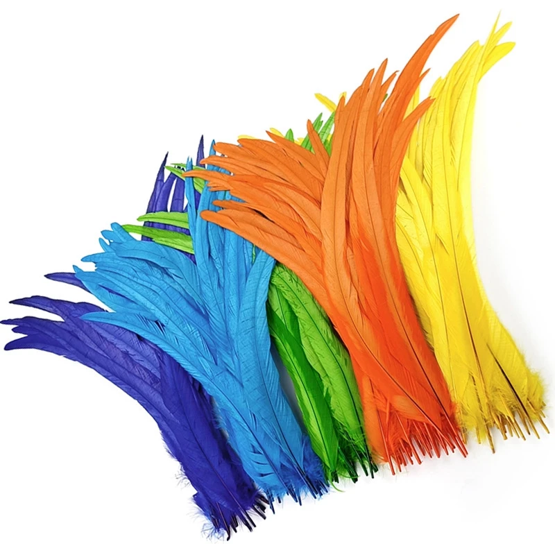 

100Pcs/Lot Colorful Rooster Feathers for Crafts 25-45CM 10-18" Rooster Tail Feather DIY Carnival Wedding Party Plumes Decoration