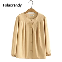 pleated casual women autumn shirts 3xl 4xl plus size o neck loose long sleeve blouse kkfy6217