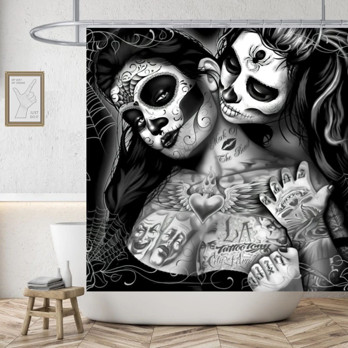 

Gothic Love Shower Curtain Skull Waterproof Polyester Fabric Cool Bathroom Home Decor cortina de la ducha
