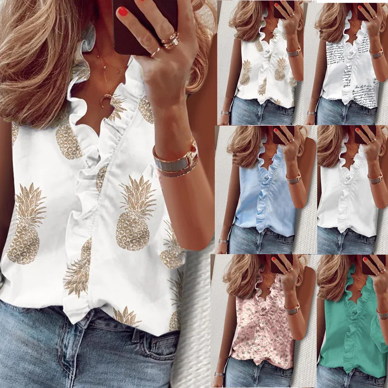 

Summer ruffle sleeveless slim pineapple printed shirt for women