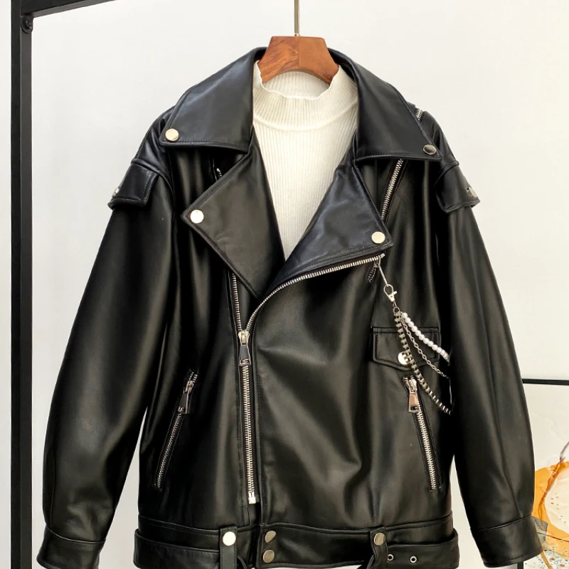 

Женская осенне-зимняя куртка из натуральной кожи, новинка 2023, свободные тонкие пальто, универсальное пальто из овечьей кожи с воротником-ко...