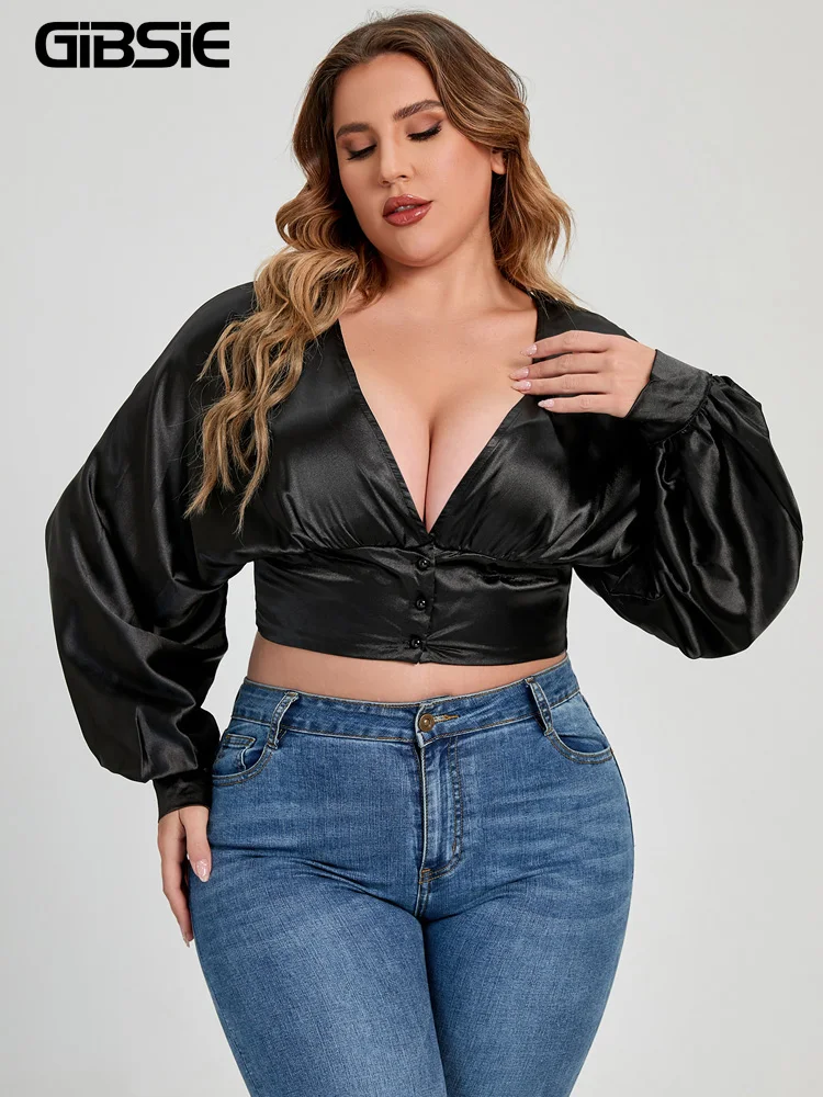 

GIBSIE Plus Size Deep V Neck Crop Satin Blouse Women Spring Fall Black Long Sleeve Sexy Tops Blouses Ladies Party Streetwear