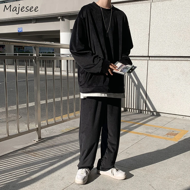 

Sets Men Korean Style Fashion All-match Students Ins Loose Spring New Harajuku Casual Popular Retro Solid O-neck Daily BF Soft