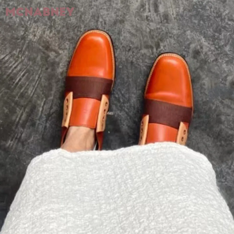 Fashionable Color-Blocking Retro Shoes Niche Design Square Toe British Style Leather Shoes New Fashion Retro Leather Shoes