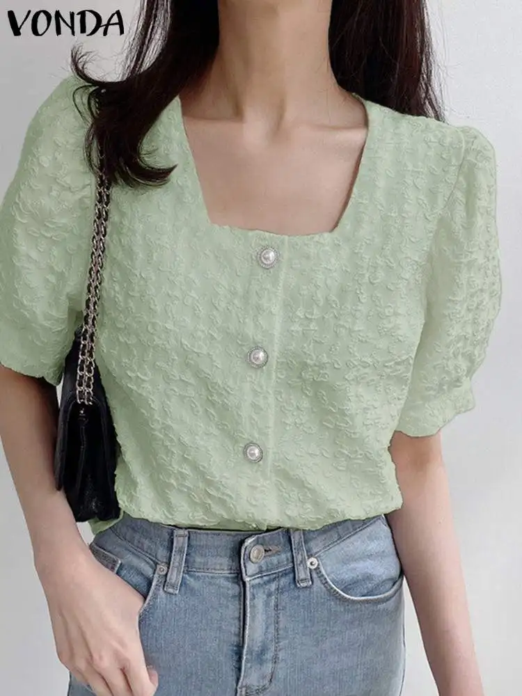 

2023 Summer Elegant Shirts Women Blouse VONDA Casual Solid Color Tops Fashion Tunic Short Sleeve Square Collar Blusas Femininas