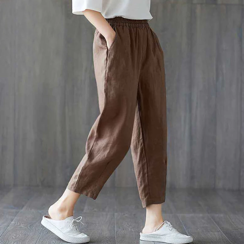 Summer Women's Harem Pants Cotton Linen Cropped Pants Breathable Solid Color Pockets Trousers Casual Loose Mom Pants