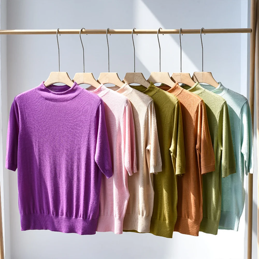 Summer New Thin Silk Cashmere 14-needle Short-sleeved Half-high Collar Knitted Sweater Half-sleeve Top Women
