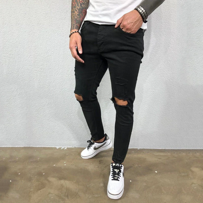 High quality new European and American men's ripped elastic skinny jeans torn trend pants student social casual men's pants