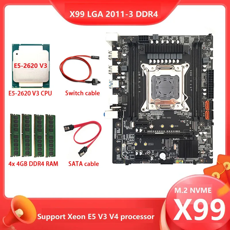 

X99-M V3 V4 DDR4 комплект материнской платы компьютера + LGA2011-3 V3 ЦП + 4X4G DDR4 ОЗУ + линия переключения + кабель SATA M.2 NVME SATA3.0