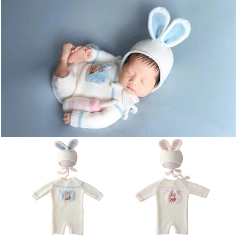Newborn Photography Clothing Knit Rabbit Hat+Jumpsuit 2Pcs/Set Studio Baby Photo Props Accessories Infant Shoot Cute Clothes