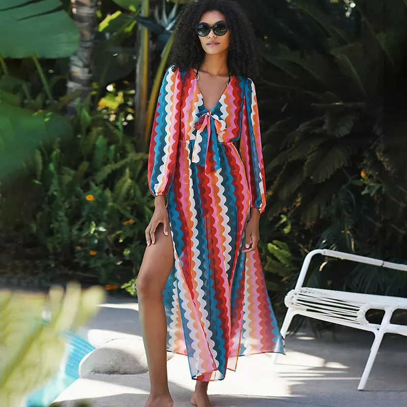 

New Summer 2022 Serie, Long Sleeve Wave Polyester Printed Long Skirt, Beach Coat, Sunscreen Robe, Bikini Blouse, Swimsuit, Women