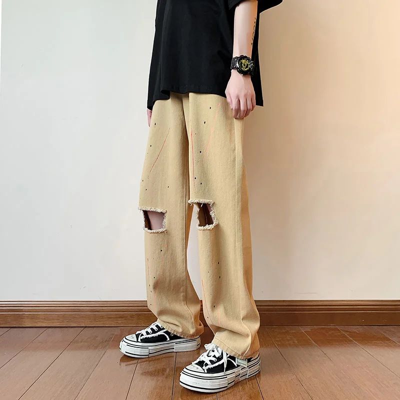 Summer 3-color Ink Splash Jeans Men Fashion Casual Straight Jeans Mens Streetwear Loose Hip-hop Holes Denim Pants Mens Trousers