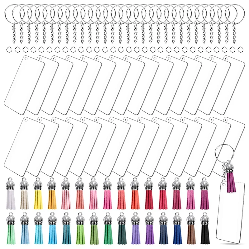 

120 Pcs Acrylic Keychain Blank Tassel Pendant Set Includes Rectangular Transparent Acrylic Keychain
