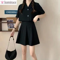 summer kpop temperament suit brief paragraph coat loose students suit two piece pleated skirt of tall waist institute wind set