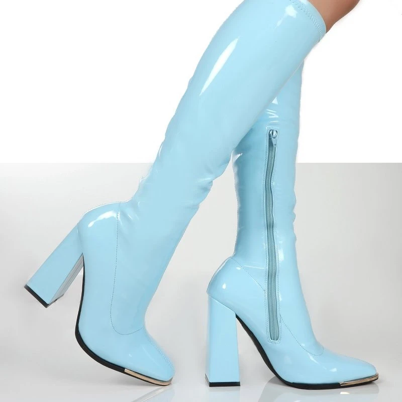 

2022 Woman Boots Square Heel Knee-High Classic Square Toe Boots PU Leather Zip Boots Party Dress Dance Shoes Botas De Mujer