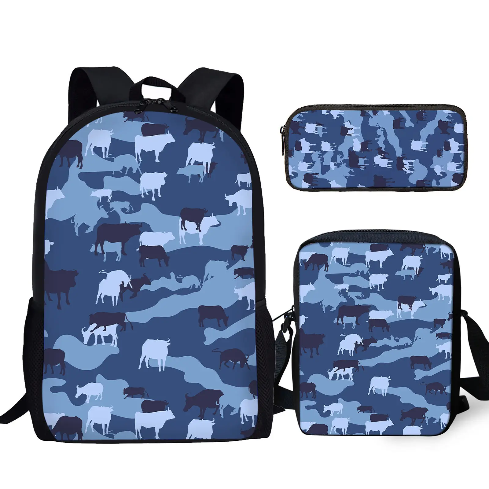 

YIKELUO Blue Camouflage Cow Print Youth Notebook Student Textbook Backpack Casual Messenger Bag With Zipper Pencil Case Gifts