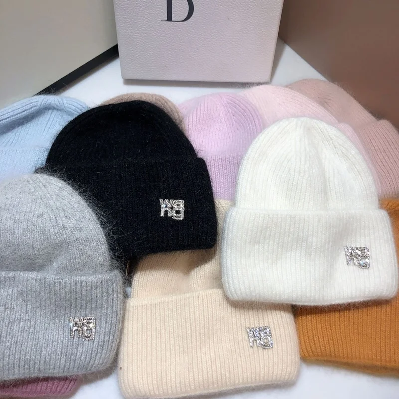 21 Colors Real Rabbit Fur Beanies Winter Hat for Woman Luxury Rhinestones Letter Knit Bonnet Lady Autumn Warm Skullies |