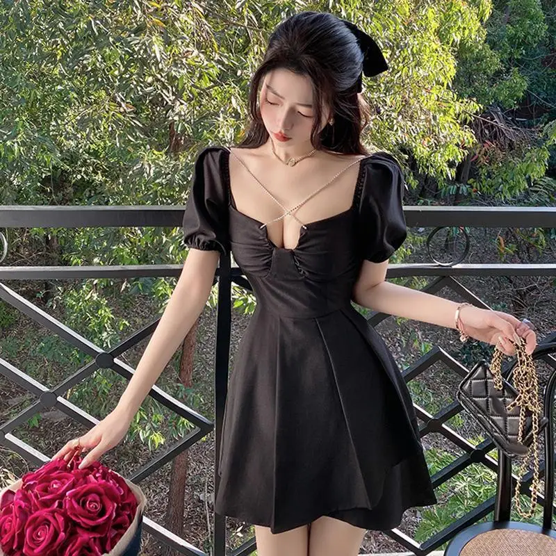 

Gothic Dress Summer New Women Clothing Sexy Low Cut Short Dresses Bubble Sleeve Black Mini Skirt Fashion High-end Party Dresses