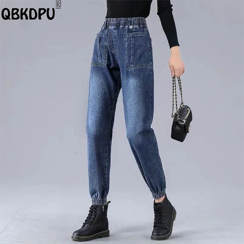 

Женские джоггеры, повседневные джинсы, уличная одежда, эластичные штаны с высокой талией, брюки-карго оверсайз, шаровары до щиколотки, джинсовые брюки на завязках