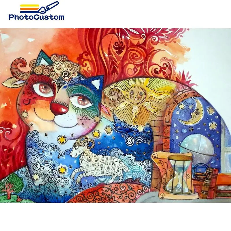 

PhotoCustom Frameless Painting By Number Abstract cat DIY Frame Pictures By Number Animals Paint On Canvas Home Decoration 60x75