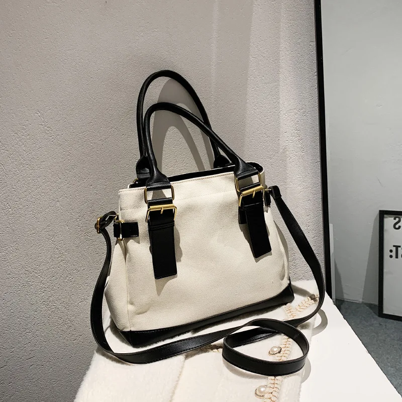 

Fashion Canvas Female Handbags Tote Bag PU Leather Patchwork Women Crossbody Bag Good Quality White Black Shoulder Bags