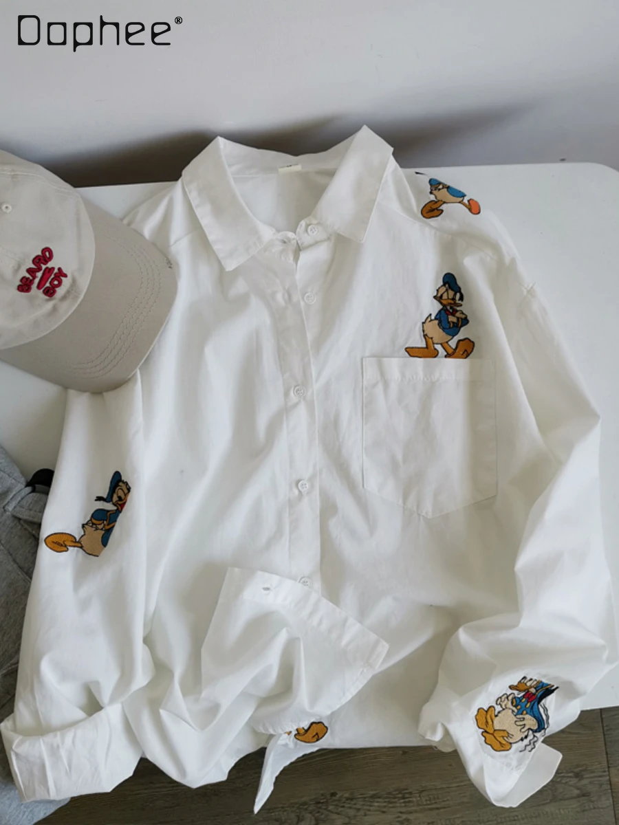 

Preppy Style Cartoon Duck Embroidered Long-Sleeved White Shirt for Women 2022 Summer New Loose Thin Type Sunscreen Jacket