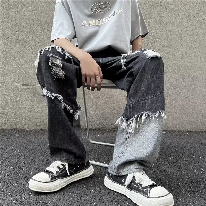 Black Baggy Jeans Men Fashion Casual Ripped Straight Jeans Men Japanese Streetwear Hip Hop Loose Hole Denim Pants Mens Trousers