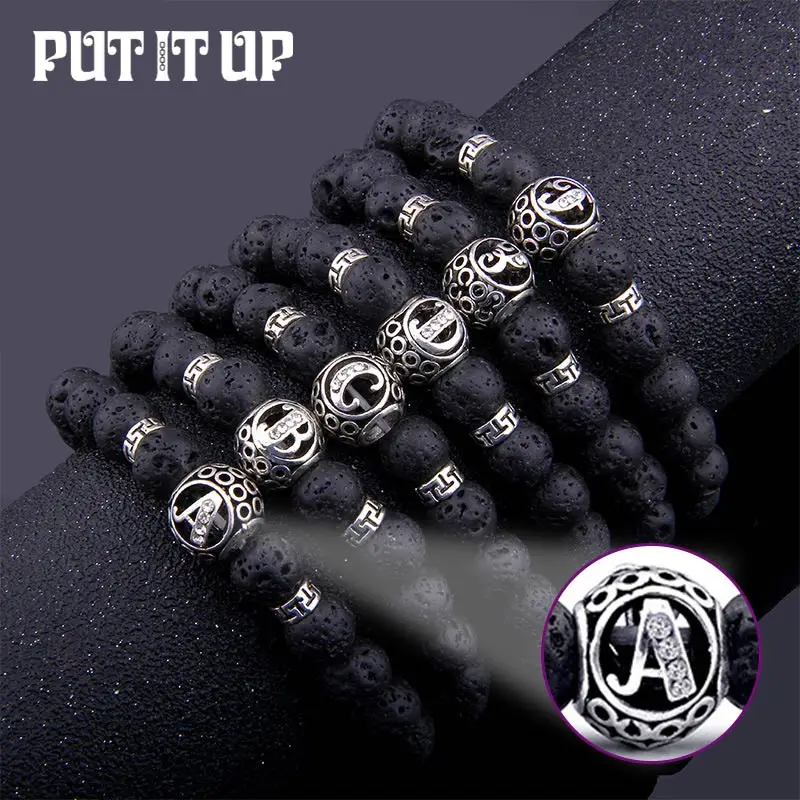 

A-Z Letter Natural Stone Bead Bracelet Rock Hip Hop Rock Street Culture Inlaid Zircon Letter Bracelet Fashion Men Jewelry Gift