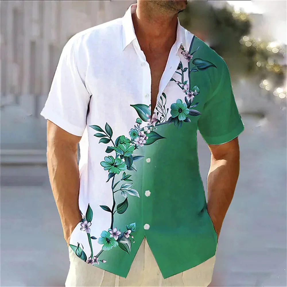 

Summer New Hawaiian Beach Print Short Sleeve Lapel Single Breasted Shirt Street Casual Social Men's Designer Style Clothing Tops