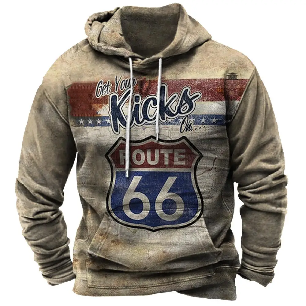 

Vintage Men's Hoodie US 66 Graphic Pullover Unisex Winter Hooded Sweatshirt Oversized Fashion Jacket Letters Printed Streetwear