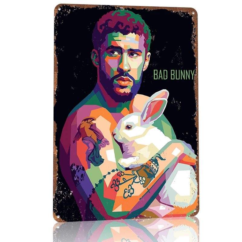 Фото Металлический постер Bad Bunny с кроликом в стиле поп-арт, индивидуальный настенный декор, ретро-винтажные металлические таблички для мужской комнаты, украшения для стен, декор для интерьера №3