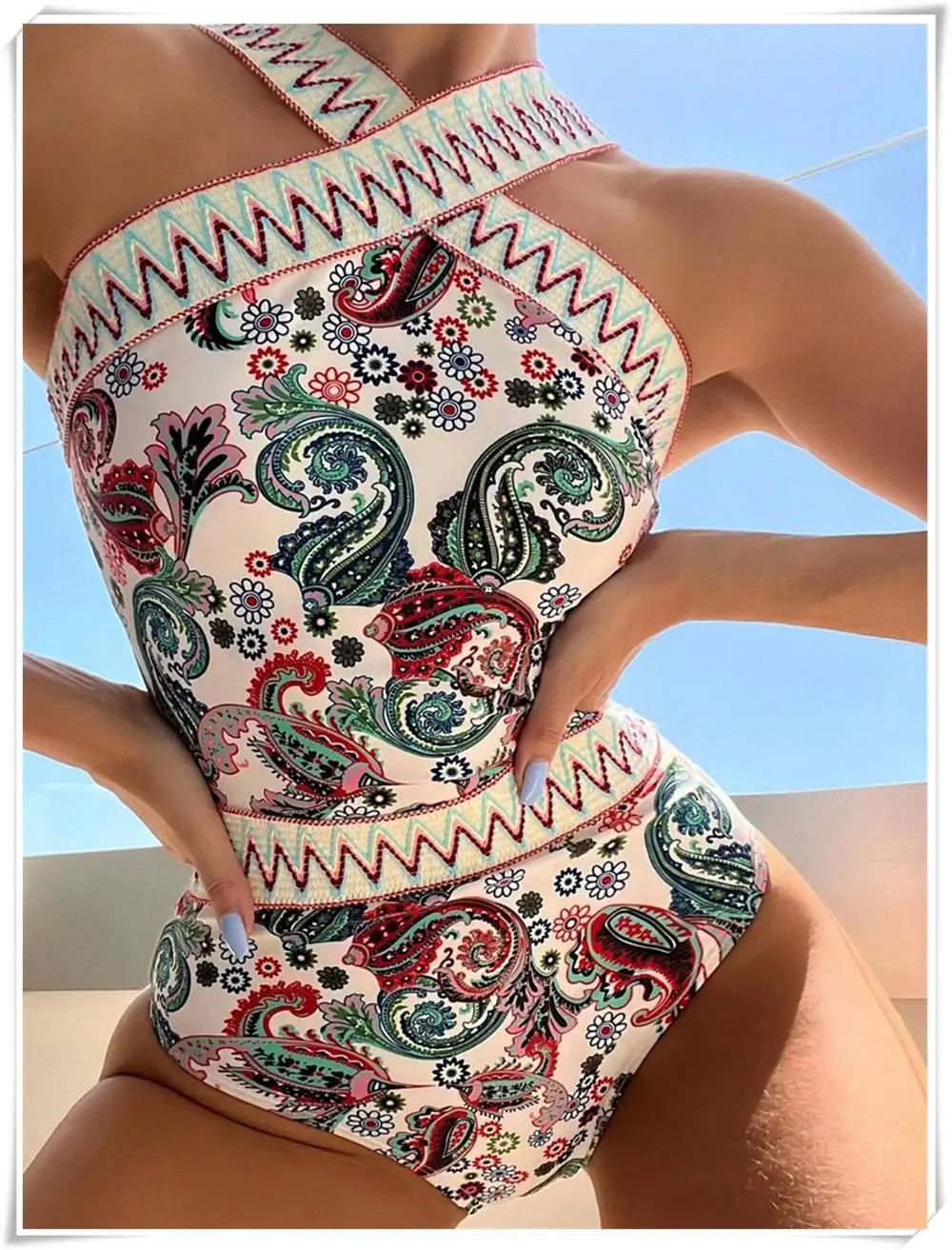 

Printed Stitch Detail One Piece Swimsuit 2023 Women Front Crisscross Swimwear Female Sexy Beachwear Halter Bathing Swimming Suit