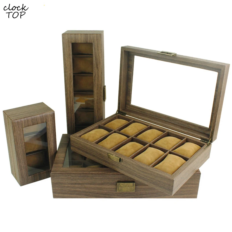 

Деревянная коробка для хранения часов 12 10 6 3, коричневые деревянные волнистые наручные часы, держатель для ювелирных изделий, чехол из искус...
