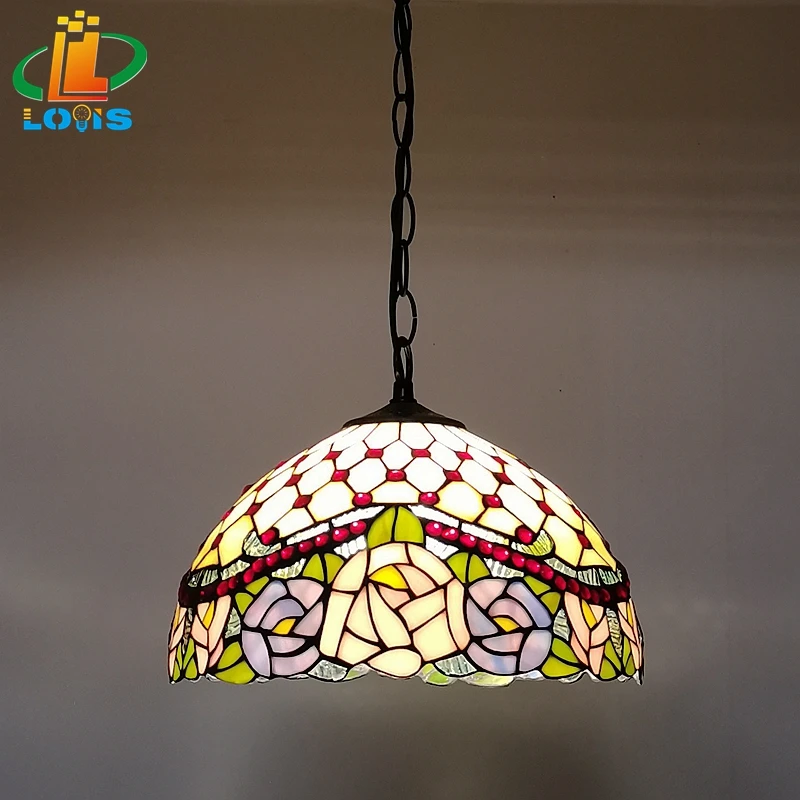 

30CM American Rose Chandelier Tiffany Style Dining Room Garden Purple Pink Red Beads Rustic Glazed Light Fixture Aisle Antique