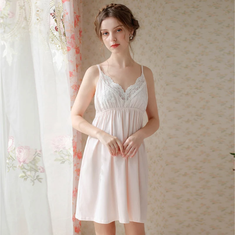 Roseheart Pink Blue Women Homewear Sexy Sleepwear Night Dress Mini Lace V Neck Nightwear Nightgown Sleepwear Court Gown