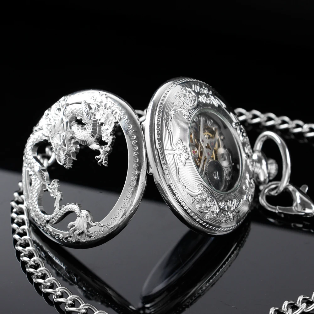 Exquisite Silver Dragon Relief Hollow Steampunk Mechanical Pocket Watch Vintage Gentleman Analog Signal Clock Lady Jewelry Gift