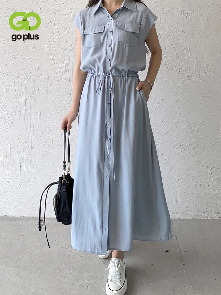 

GOPLUS Summer Dress Women Korean Fashion Shirt Dresses Sleeveless Midi Black Dress Sommerkleider Damen Blusas Mujer De Moda 2022