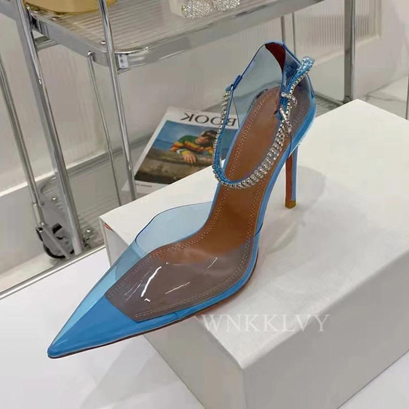 

Transparent PVC Thin High Heels Sandals Woman summer pointed Crystal Decor ankle strap Sandalias Ladies Sexy Party Dress Shoes