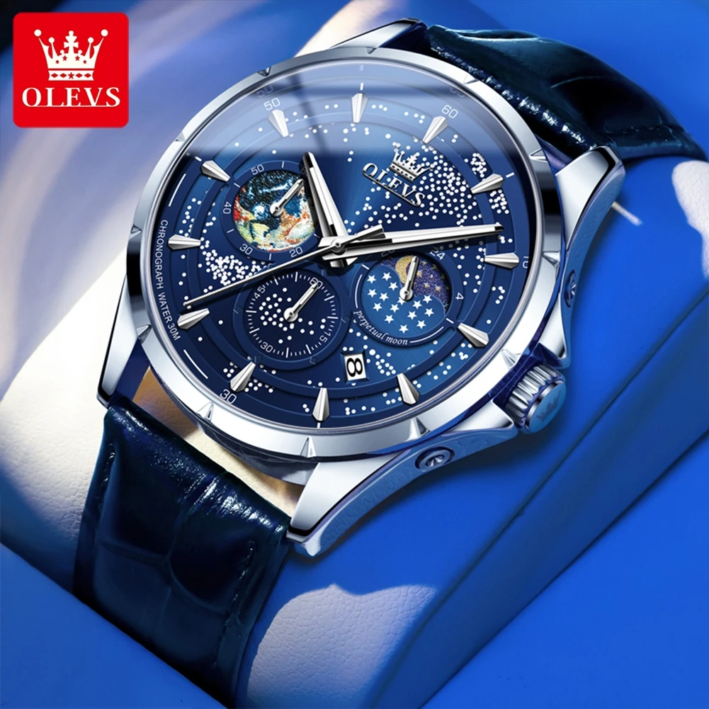 

OLEVS Top Brand The New Earth Quartz Men's Watch Fashion Trend Handsome Multifunction Date Moon Phase Luminous Water Resistant