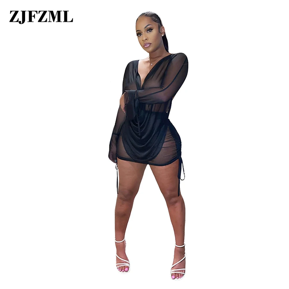 

Black White Sheer Mesh Perspective Skinny Dress for Women Midnight Clubwear Party Clothing Sexy Low Neck Ruched Drawstring Robe