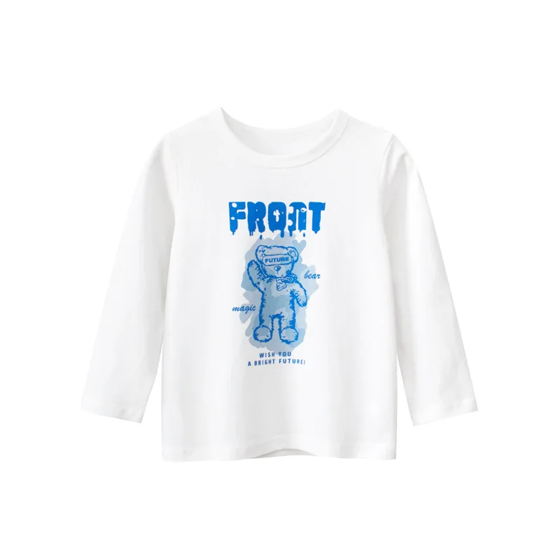 

Korean Style Children's Clothing 2022 Autumn New Boys Clothes Cartoon Bear Long Sleeve Cotton T-Shirt Kids Top White Shirt
