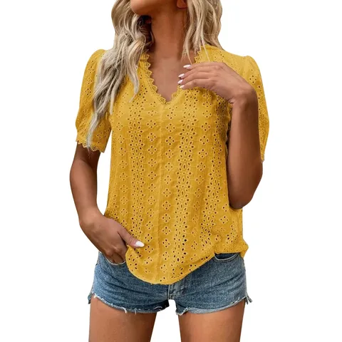 New In Solid Embroidery Blouse For Women Dressy Casual Hollow V Neck Short Sleeves Shirt Blouse Loose Tunic Top Blusas Blouses