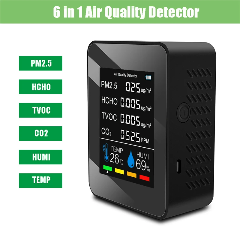 Multifunctional 6in1 CO2 Meter Digital Temperature Humidity Tester Carbon Dioxide TVOC HCHO PM2.5  Detector Air Quality Monitor