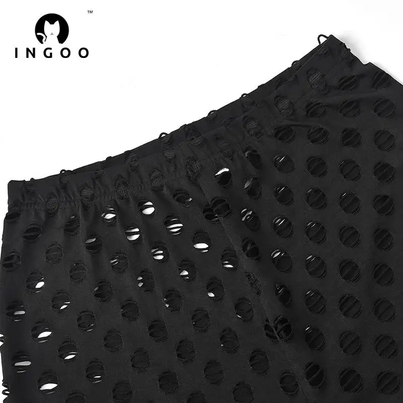 INGOO See Through Hollow Out Sexy Pants Women High Waist Fitness Leggings Body Shaping Trousers Baddie Clothes Summer Streetwear