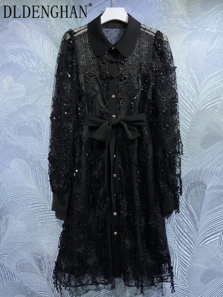 

DLDENGHAN Fashion Designer Spring Dress Women Turn-down Collar Butterfly Appliques Tassel Single Breasted Embroidery Dresses