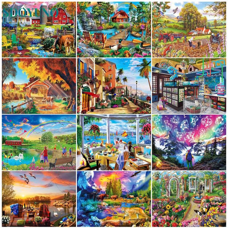 

SDOYUNO Full Diamond Drill Round Landscape Hourse Mosaic Diamond Embroidery Diamond Painting Cross Stitch Diamond Art Decor