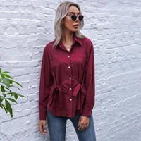 women solid lace up blouses top 2021 spring casual long sleeved office blouse shirt elegant office lady shirts tops