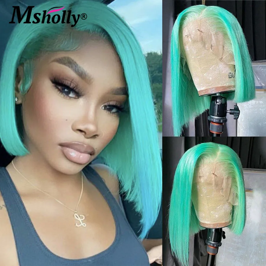 Парики женские мятно-Зеленые Короткие из человеческих волос 13 х6 дюймов