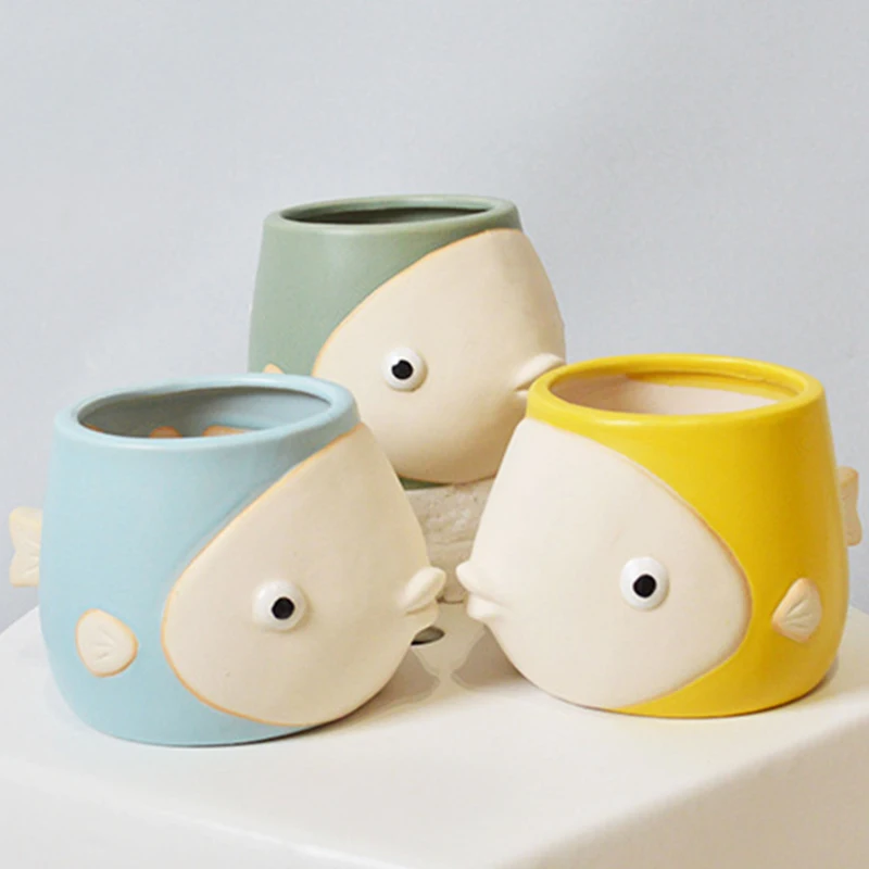 

Cartoon Cute Matte Color Glaze Ceramic Succulent Small Fish Face Flower Pot Desktop Plant Pots Home Decorative Accessories